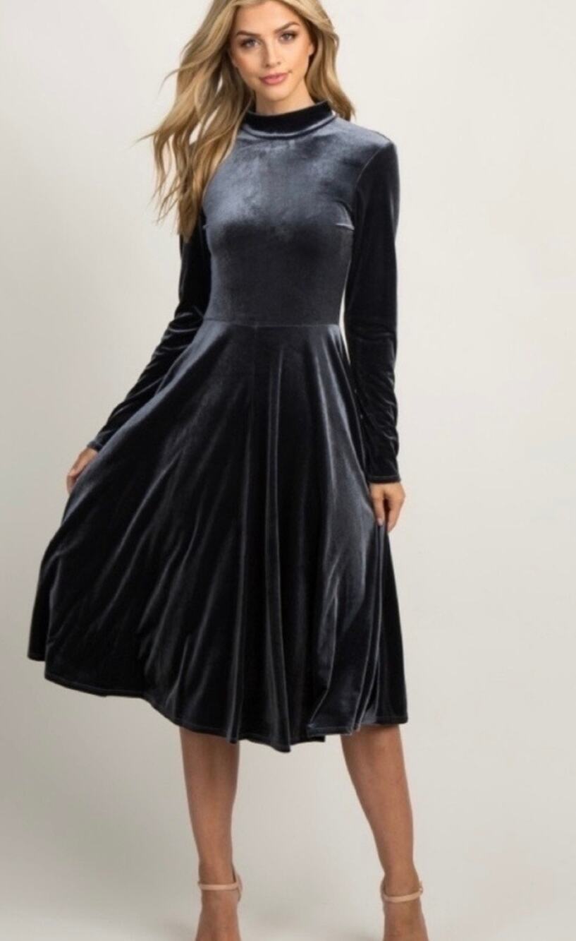 Pinkblush Women’s Gray Velvet Velour A Line Long Sleeve Midi Dress Sz L